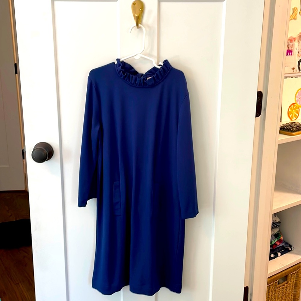 Size 14 Girls Classic Prep Childrenswear navy blue dress with ruffle collar.